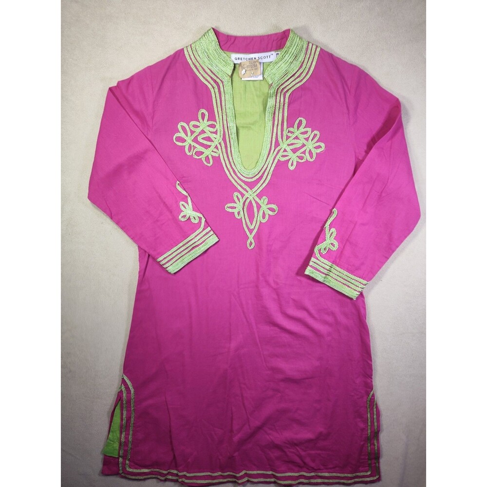 NWT Gretchen Scott Hot Pink & Lime Green Embroidered Cotton Tunic Top Size XS